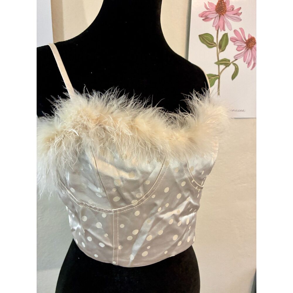 NWT Storia Cream Polka Dot Feather-Trim top Size M